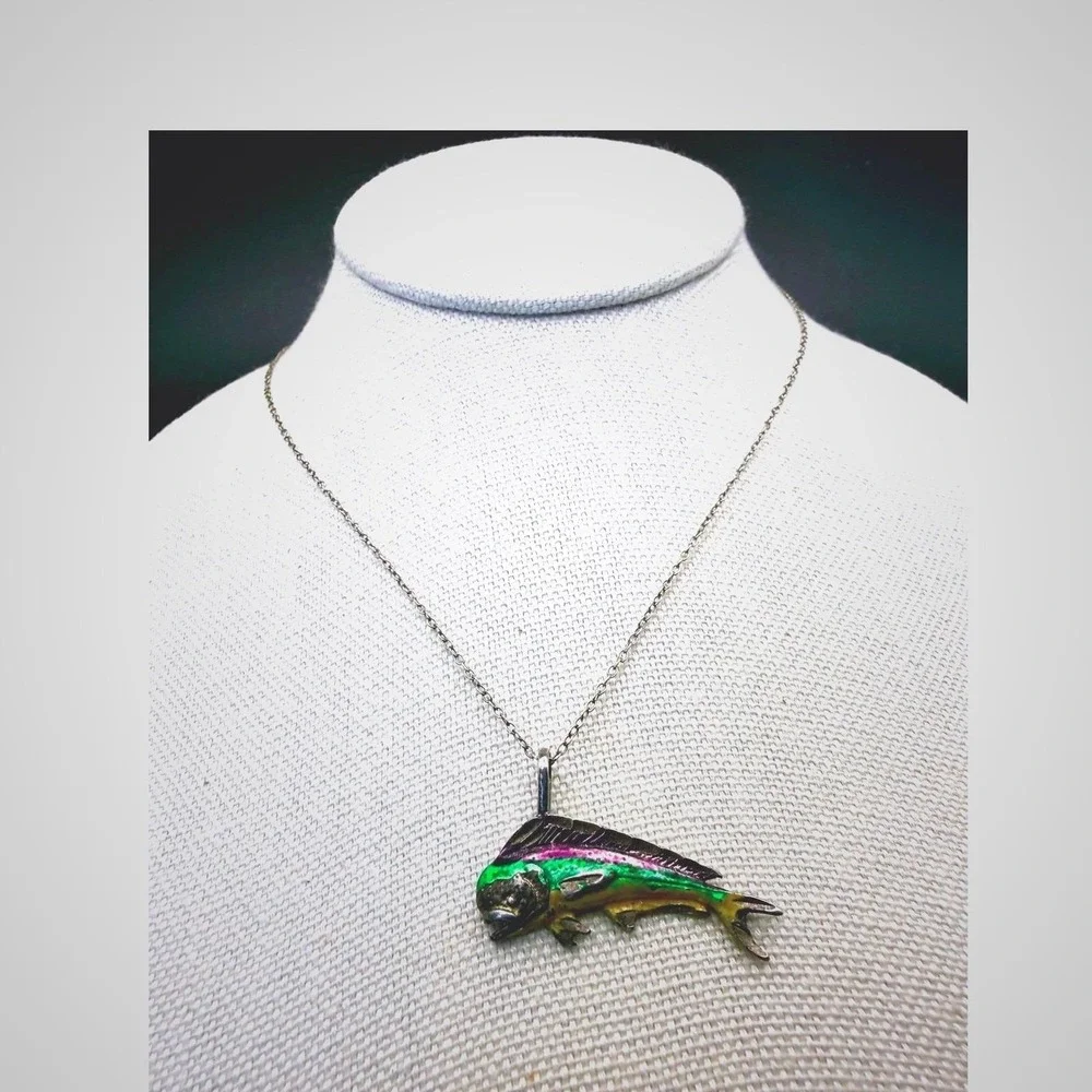 Vintage 925 Sterling‎ Silver Enamel  Dolphin Fish Pendant Necklace 20 Inch Italy